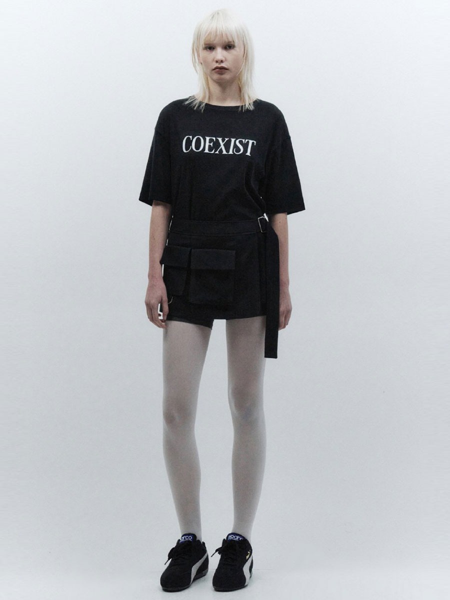 [INSILENCE WOMEN] レイヤード ベルト スカート - BLACK。