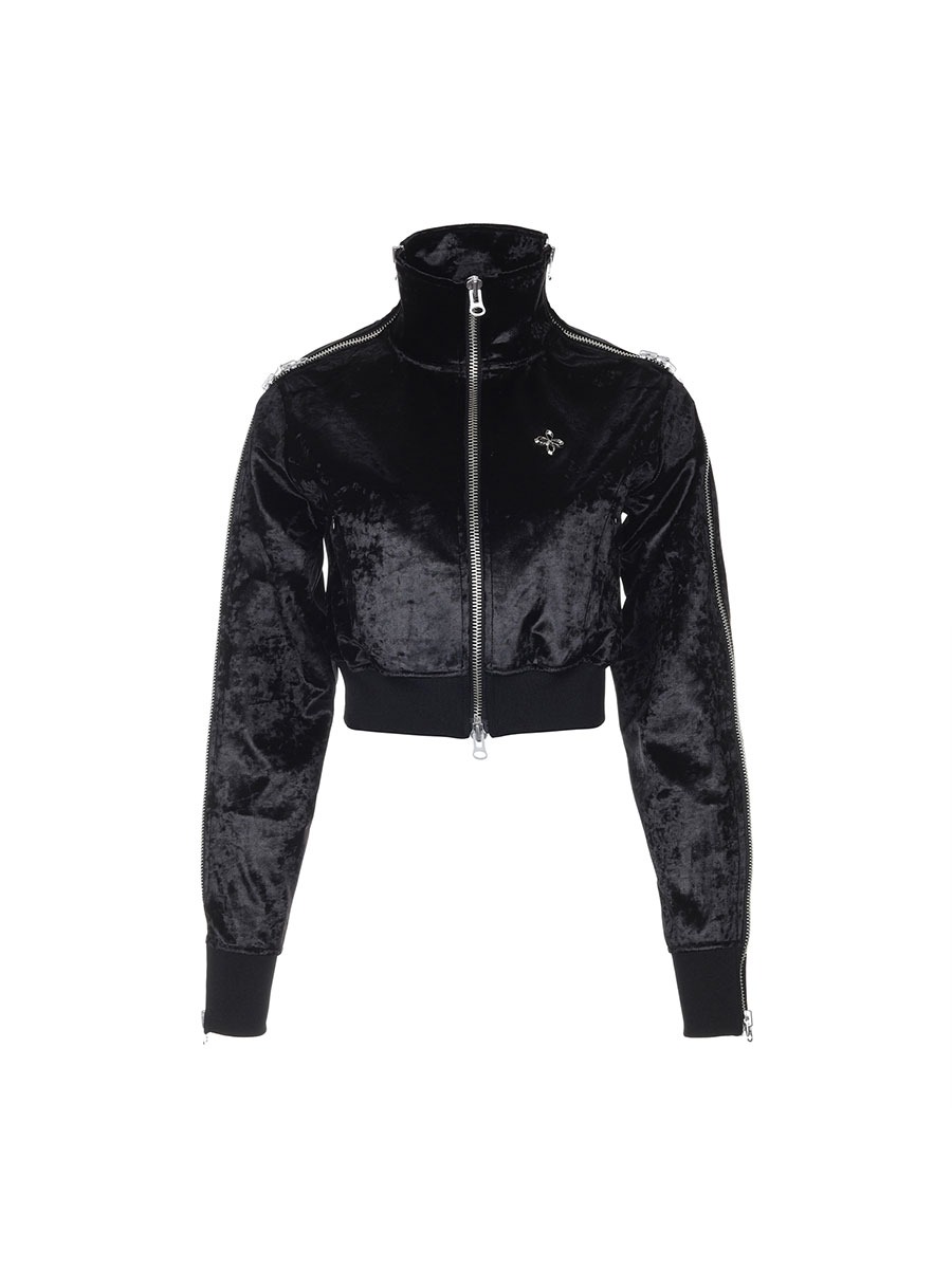 [SURGERY] side zip velvet crop track jacket &#039;black&#039;